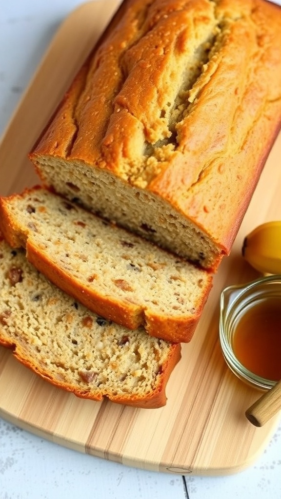 Sliced banana quinoa bread on a wooden board with honey and a banana.